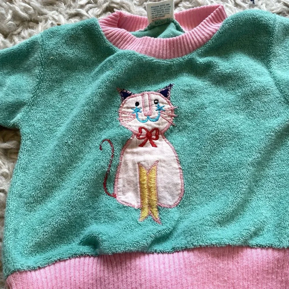 Vintage Kids Set Shirt And Pants Cat Butterflies Sz 9 Months